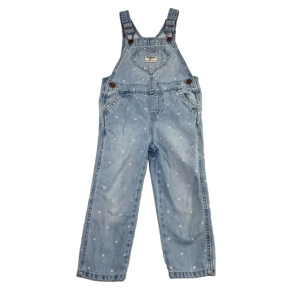 Osh Kosh B’gosh Overalls Toddler Girl Size 4T Blue Denim Heart AOP Heart Pocket